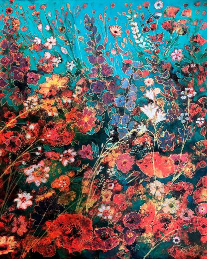 A vibrant and textured painting depicting an abstract garden with a variety of blooming flowers in reds and pinks against a teal background. By Keli Clark