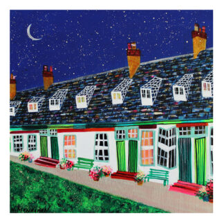 A colorful painting of a row of quaint houses at night under a starry sky with a crescent moon. By Nikki Monaghan