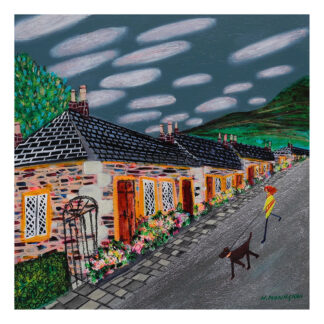 A colorful painting of a person walking a dog along a street next to a row of houses with distinct doors and windows under a cloudy sky. By Nikki Monaghan