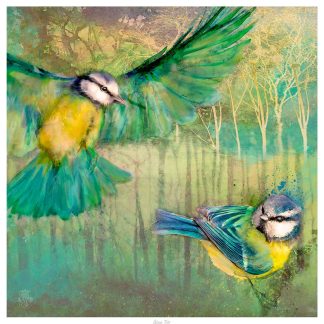 The image depicts two stylized blue tits in mid-flight with a vibrant mix of green and yellow hues in the background. By Lee Scammacca