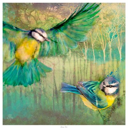 The image depicts two stylized blue tits in mid-flight with a vibrant mix of green and yellow hues in the background. By Lee Scammacca