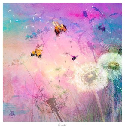 A colorful artistic rendition of dandelions with a watercolor background and floating seeds. By Lee Scammacca