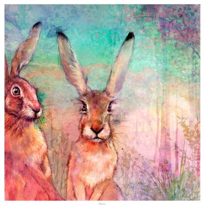 The image depicts two stylized hares against an abstract, colorful, patterned background. By Lee Scammacca