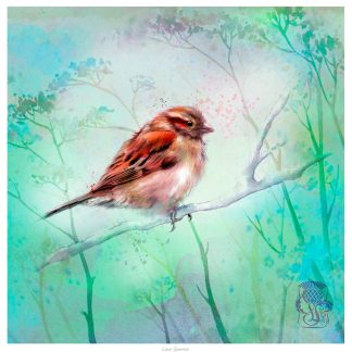 A colorful artistic representation of a small bird perched on a branch with an abstract background simulating foliage. By Lee Scammacca
