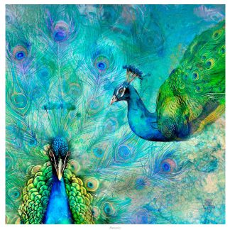 An artistic rendition of two peacocks with vibrant blue and green plumage against a textured, colorful background. By Lee Scammacca