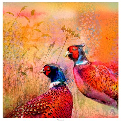 The image shows an artistic, colorful representation of two pheasants against a backdrop of wild grass and a warm, textured sky. By Lee Scammacca