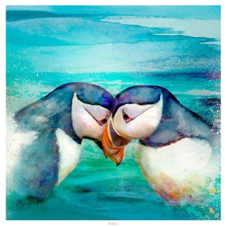 Two puffins are facing each other against a turquoise blue background with artistic, brushstroke-like textures. By Lee Scammacca