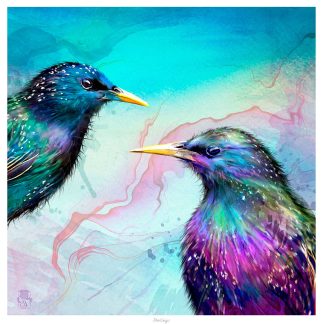 Two vibrantly colored, stylized birds facing each other against a watercolor-like background. By Lee Scammacca