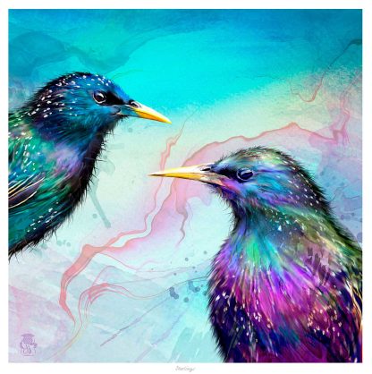 Two vibrantly colored, stylized birds facing each other against a watercolor-like background. By Lee Scammacca