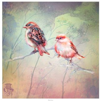 Two stylized birds, one brown and one pink, perched on a branch against a soft-hued, textured background with a decorative symbol in the bottom left corner. By Lee Scammacca