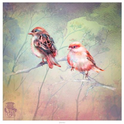 Two stylized birds, one brown and one pink, perched on a branch against a soft-hued, textured background with a decorative symbol in the bottom left corner. By Lee Scammacca