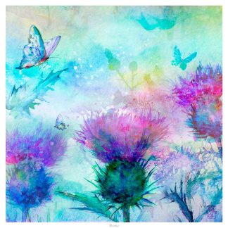 The image features an artistic, colorful watercolor painting of vibrant, abstract flowers with butterflies fluttering around. By Lee Scammacca