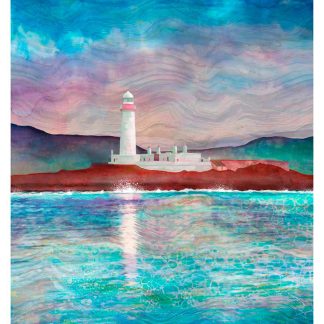 A vibrant painting featuring a lighthouse on a shoreline with textured blue skies and reflective water. By Lee Scammacca