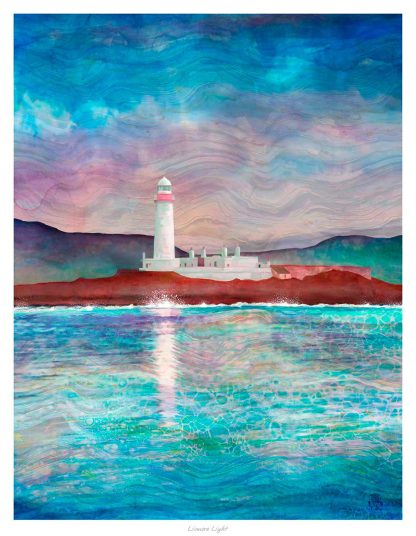 A vibrant painting featuring a lighthouse on a shoreline with textured blue skies and reflective water. By Lee Scammacca