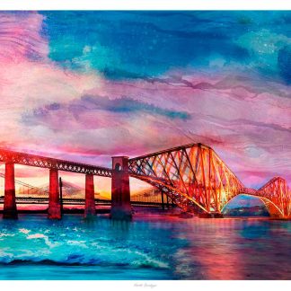 A vibrant, colorful painting of the Forth Bridge with a dramatic sky and vivid reflections in the water. By Lee Scammacca
