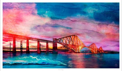 A vibrant, colorful painting of the Forth Bridge with a dramatic sky and vivid reflections in the water. By Lee Scammacca