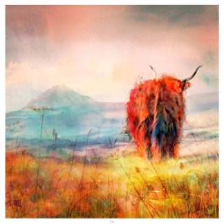 A vibrant, abstract painting of a bull with a fiery red and orange texture, standing in a colorful, impressionistic landscape with mountains in the background. By Lee Scammacca