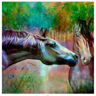 A vibrant artwork featuring two horse heads with a colorful, abstract background. By Lee Scammacca
