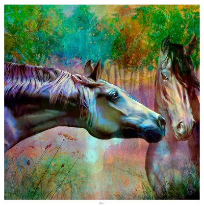 A vibrant artwork featuring two horse heads with a colorful, abstract background. By Lee Scammacca