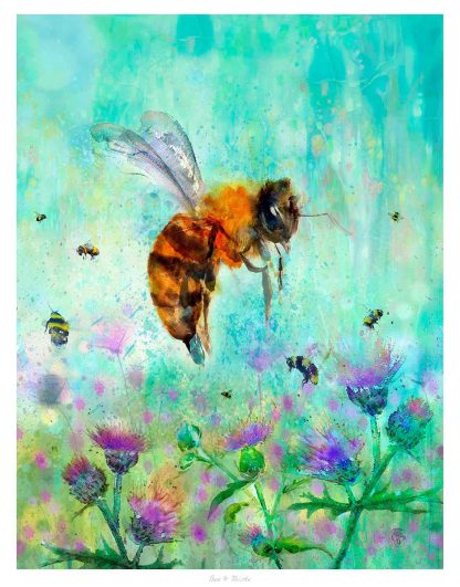 The image displays an artistic depiction of a large bee with detailed wings amidst smaller bees and vibrant flowers against a textured blue background. By Lee Scammacca