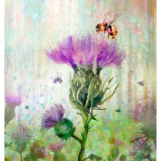 A colorful artistic representation of a bee flying towards a large purple thistle flower with a dreamy, pastel-like backdrop. By Lee Scammacca