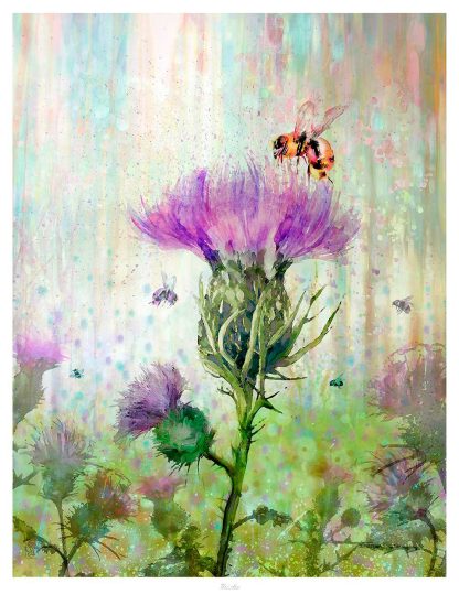 A colorful artistic representation of a bee flying towards a large purple thistle flower with a dreamy, pastel-like backdrop. By Lee Scammacca