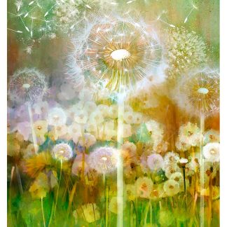 The image depicts a stylized artistic rendering of a field of dandelions with several seed heads dispersing in the breeze. By Lee Scammacca