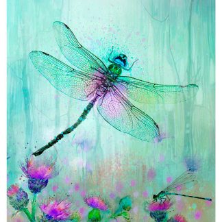 A stylized artistic rendering of a dragonfly perched on vegetation with vibrant colors and a watercolor background effect. By Lee Scammacca
