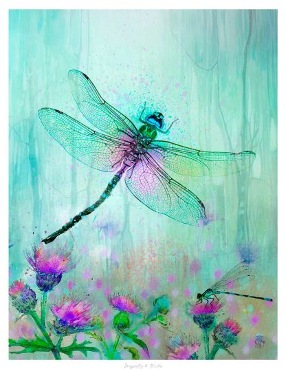 A stylized artistic rendering of a dragonfly perched on vegetation with vibrant colors and a watercolor background effect. By Lee Scammacca