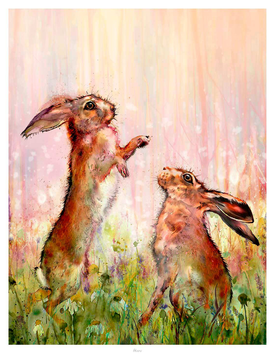 The image depicts two whimsical, human-like rabbits standing upright amongst colorful brush strokes suggesting a vibrant, abstract forest background. By Lee Scammacca