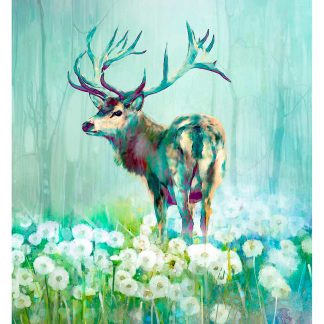 A digitally illustrated majestic deer with large antlers standing in a misty forest surrounded by white flowers. By Lee Scammacca