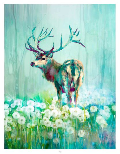 A digitally illustrated majestic deer with large antlers standing in a misty forest surrounded by white flowers. By Lee Scammacca