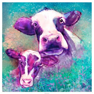 A colorful illustration of two cows with a vibrant, floral background. By Lee Scammacca