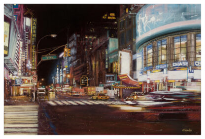 A vibrant painting of a bustling city street corner at night, featuring bright neon signs, buildings, and the blur of traffic. By Lesley Anne Derks