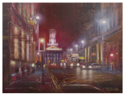 A painting of a vibrant, rainy city street at night with illuminated streetlights and buildings, reflecting on the wet pavement. By Lesley Anne Derks