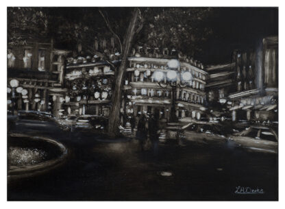 A monochrome painting depicting a bustling night scene with illuminated buildings, trees, street lights, and silhouettes of people. By Lesley Anne Derks