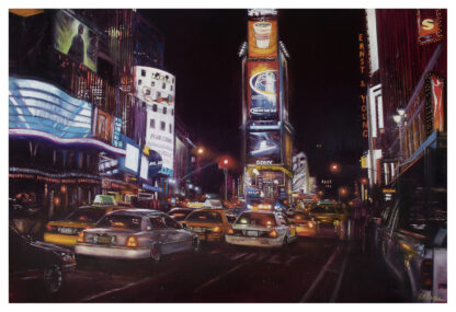 The image depicts a vibrant city street at night, illuminated by neon signs and car headlights, likely in a busy urban center. By Lesley Anne Derks