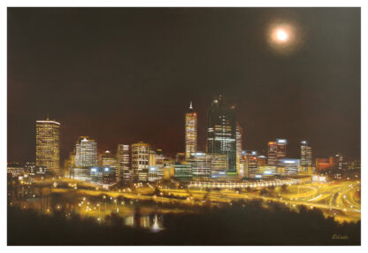 A nighttime cityscape painting featuring illuminated skyscrapers, a full moon, and intricate roadway patterns. By Lesley Anne Derks