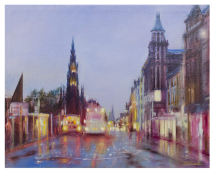 An impressionist-style painting of a city street at dusk with blurred lights and buildings, possibly wet from rain. By Lesley Anne Derks