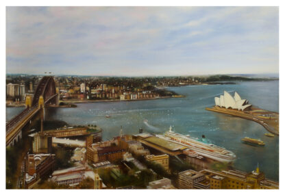 A painting of Sydney Harbour featuring the Opera House, Harbour Bridge, and a bustling waterfront with boats. By Lesley Anne Derks