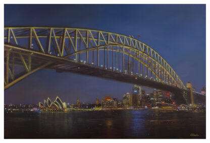 A painting of the Sydney Harbour Bridge at night with the Sydney Opera House in the background and city lights reflecting on the water. By Lesley Anne Derks