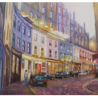 A colorful painting of a quaint urban street lined with cars and illuminated by overhead lights at dusk or dawn. By Lesley Anne Derks