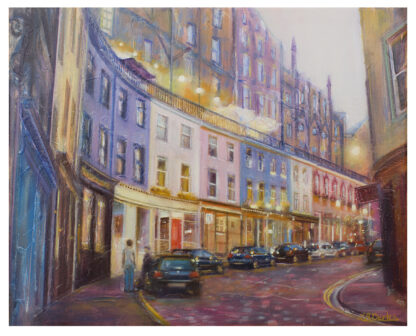 A colorful painting of a quaint urban street lined with cars and illuminated by overhead lights at dusk or dawn. By Lesley Anne Derks