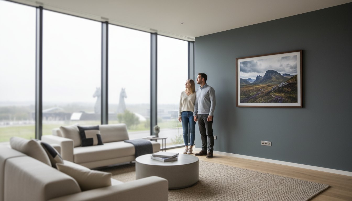 A couple stands by large windows in a modern living room, looking outside. The room has neutral-toned furniture, a round coffee table, and a landscape painting on the wall. Two horse-head sculptures are visible outdoors.
