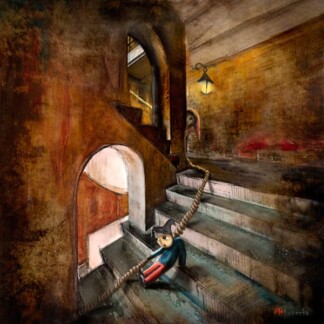 Down the Stairs" is a surreal painting of a narrow, dim staircase where a cat-faced puppet slumps on the steps and a shadowy figure hides behind a corner. Warm light contrasts with dark, textured walls, creating an eerie atmosphere.