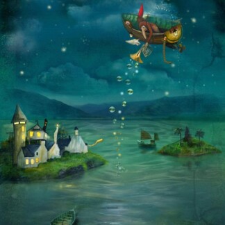 Drift (Plockton) depicts a whimsical fish-shaped airship floating over water, releasing bubbles above a quirky village with lit houses on the shore; nearby, a rowboat and two sailboats glide across the surface.