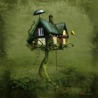 The Gingerbread Tree (Princess Street Gardens) is a whimsical house perched on a twisting trunk in a misty green landscape, featuring a steep roof, glowing windows, an umbrella on top, and quirky details like a gramophone horn and vine-like tentacles.