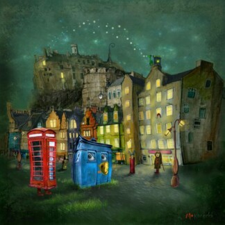 Strange Night (Grassmarket) depicts a whimsical town square at night with leaning buildings, glowing windows, quirky phone booths, and a hilltop castle under swirling stars in a green sky.