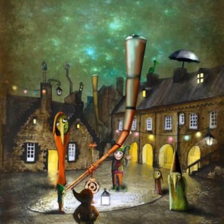 “Watchers (Edinburgh Castle)” depicts a surreal night scene with whimsical, elongated figures in a cobblestone square, under starry skies and glowing lights, surrounded by old-style buildings and fantastical brass horns.