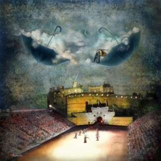 A surreal scene from "Above the Castle (And The Tattoo Too)" depicts a stadium of performers and spectators, two giant umbrellas floating in cloudy skies—one with a small dog—and a grand castle in the background.